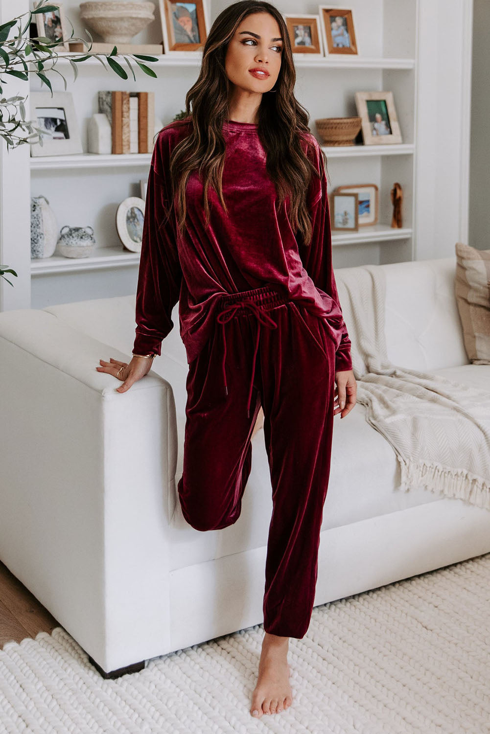 Fiery Red Solid Velvet Two Piece Lounge Set