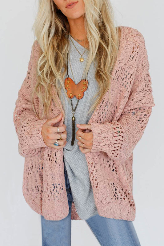 Pink Casual Hollowed Knit Dolman Sleeve Cardigan