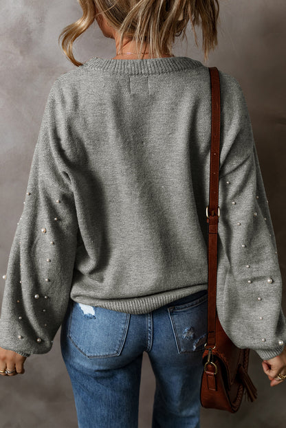 Light Grey Pearled Drop Shoulder Round Neck Sweater