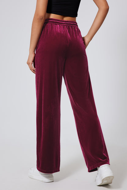 Burgundy Solid Drawstring Waist Wide Leg Pants