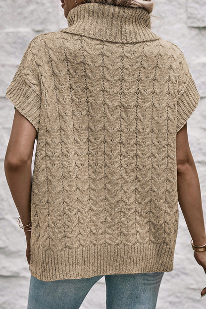 Light French Beige Cable Knit Turtleneck Batwing Sleeve Sweater