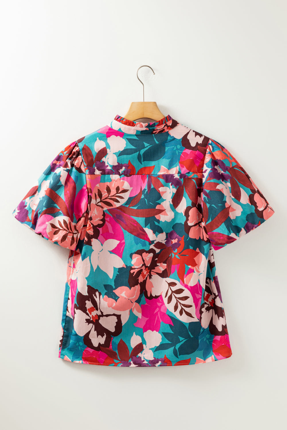 Rose Red Floral Print Puff Sleeve Notched V Neck Blouse