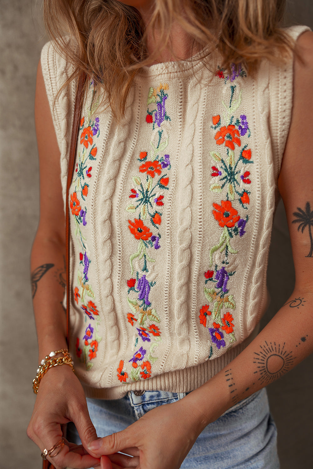 Jet Stream Embroidered Floral Cable Knit Sweater Vest