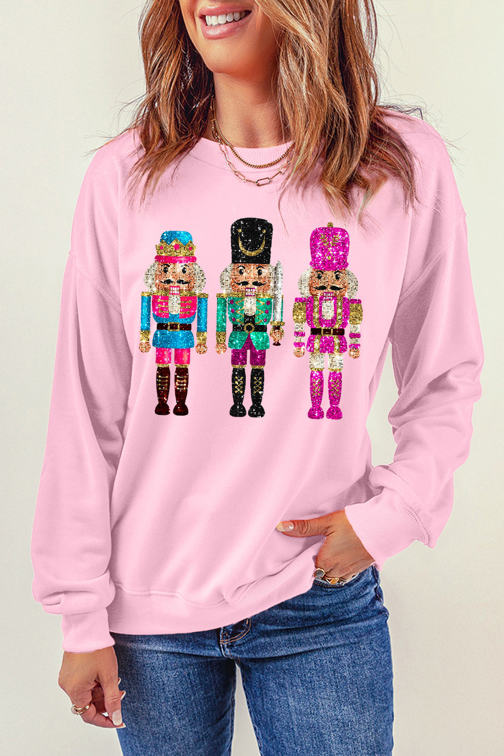 Pink Cute Nutcracker Printed Drop Shoulder Christmas Sweatshirt