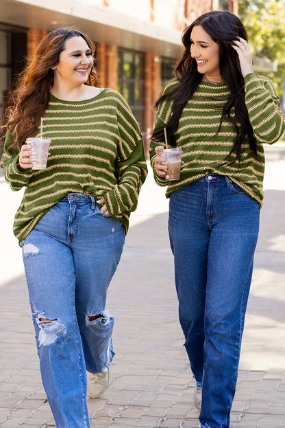 Green Stripe Drop Shoulder Casual Sweater