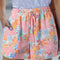 Pink Floral Print Side Pockets Drawstring Casual Shorts