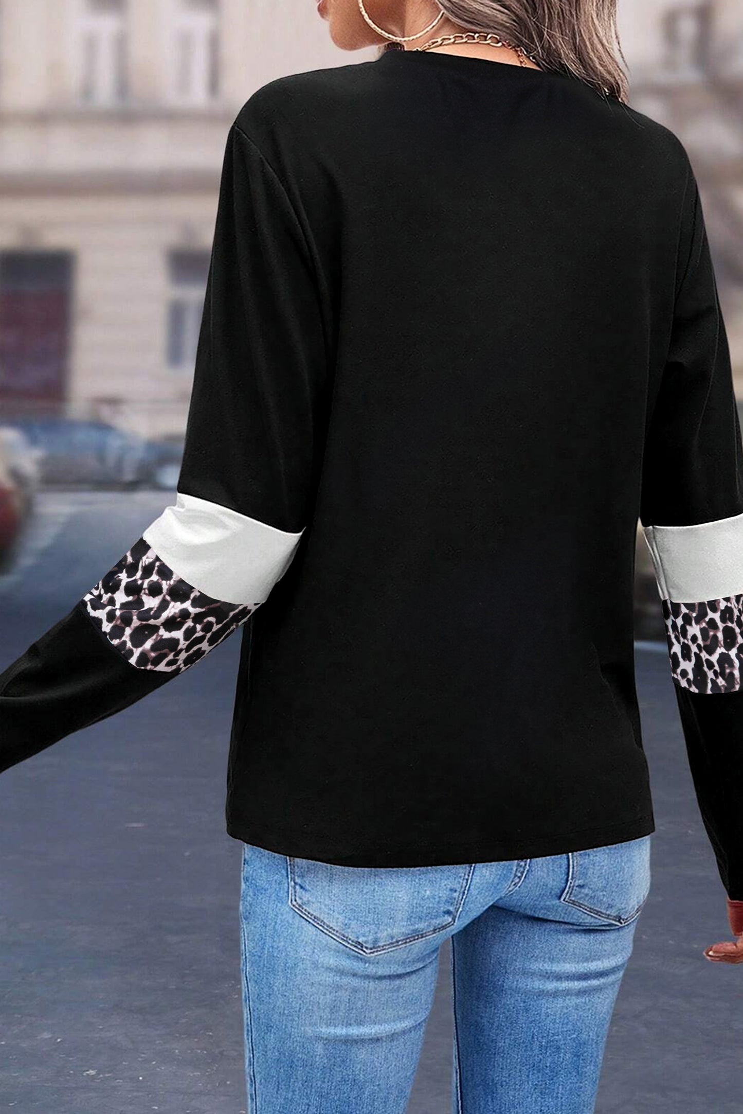 White Leopard Colorblock Patchwork Crew Neck Long Sleeve Tee