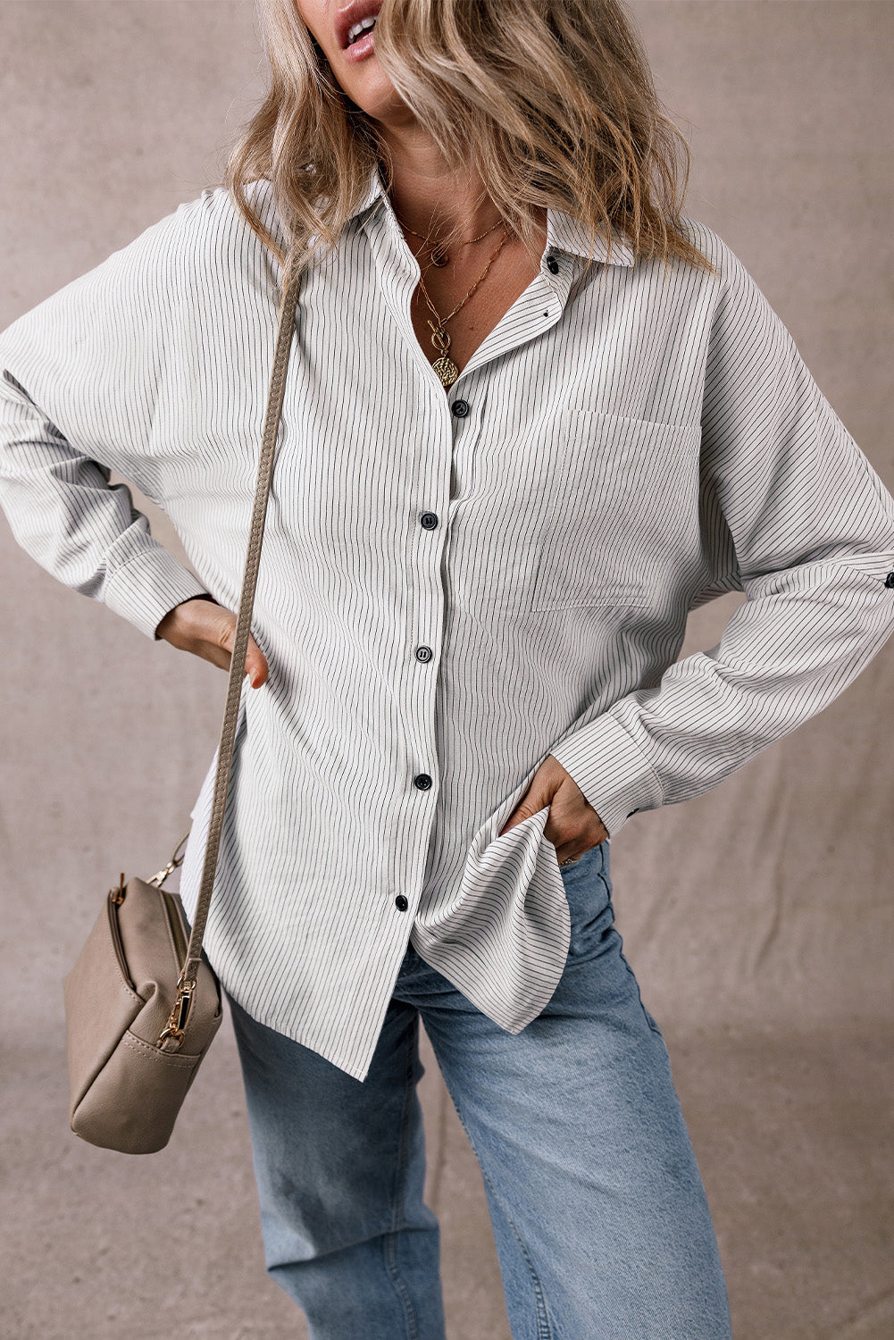 Stripe Roll-tab Sleeve Pocketed Long Shirt