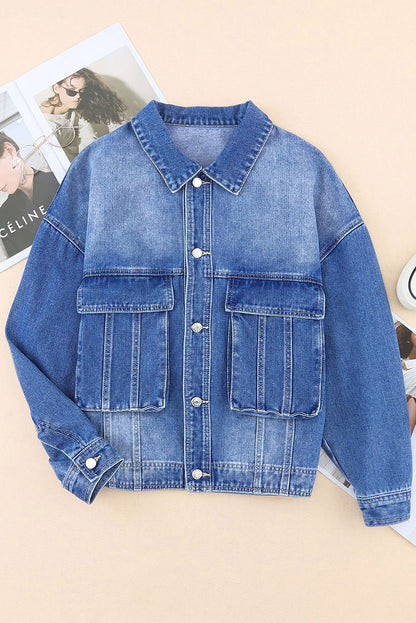 Blue Chest Pockets Drop Shoulder Loose Denim Jacket