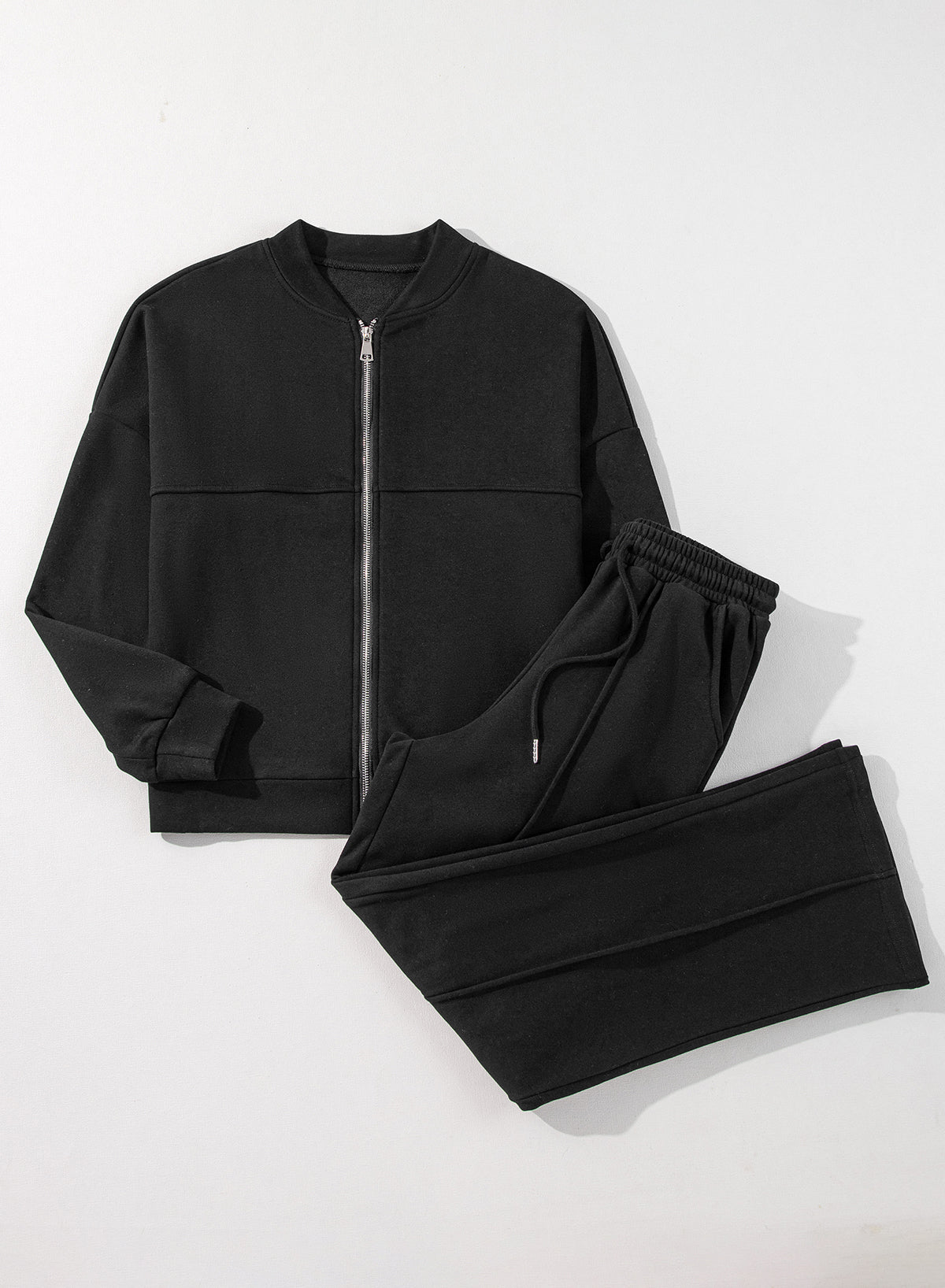 Black Solid Seamed Zipper Jacket and Drawstring Waist Pants Set