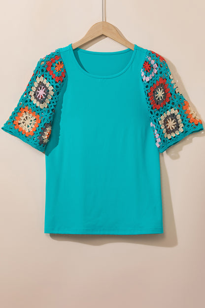 Turquoise Floral Crochet Short Sleeve Top