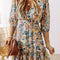 Sky Blue Floral 3/4 Sleeve V Neck High Waist Ruffled Dress