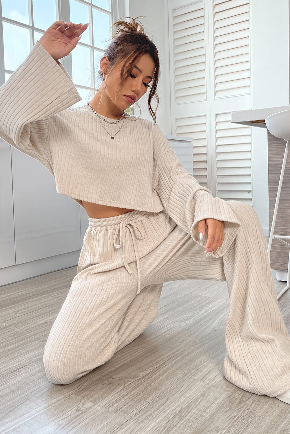 Khaki Ribbed Knit Bell Sleeve Crop Top Drawstring Pants Set