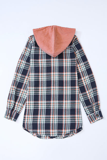 Pink Contrast Hooded Drawstring Plaid Shacket