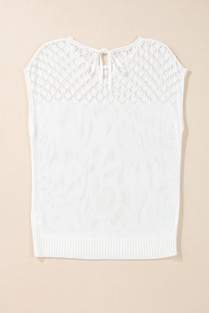 White Eyelet Knit Tied Back Short Sleeve Sweater