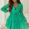 Sea Green Frilly V Neck Puff Sleeve Drawstring Shift Mini Dress