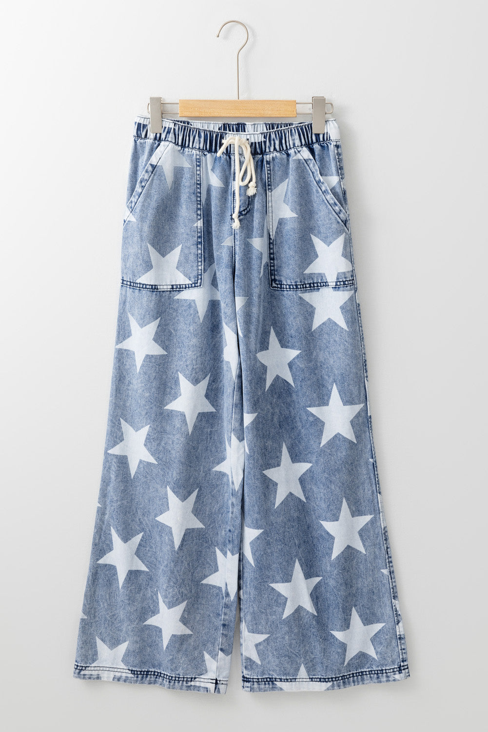 Light Blue Star Print Light Wash Drawstring High Waist Wide Leg Jeans