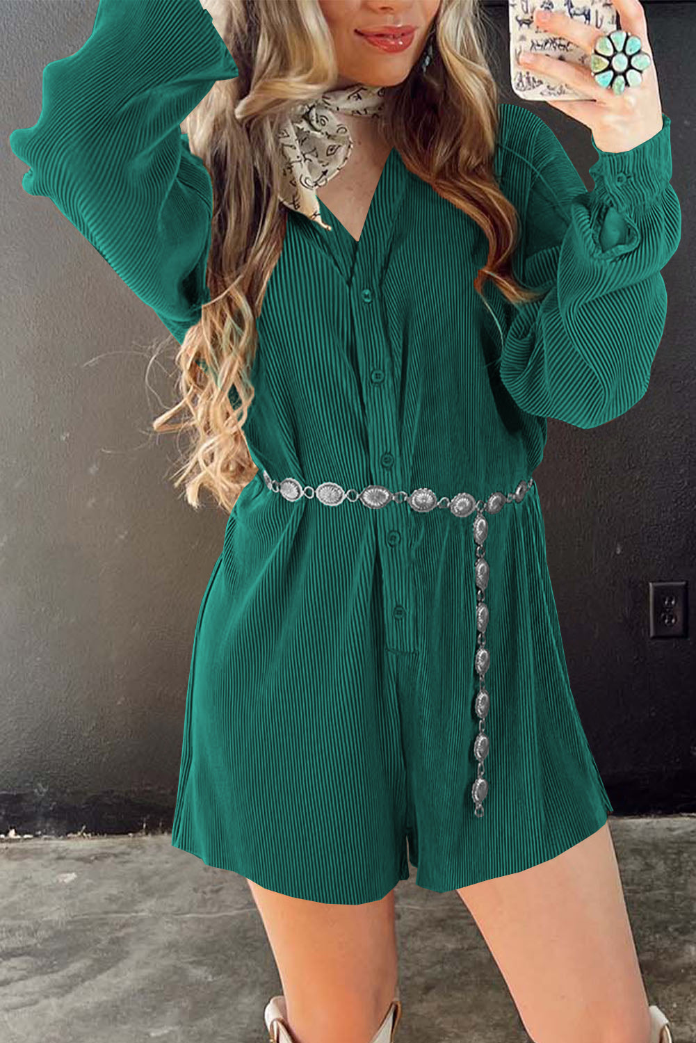 Sea Green Ribbed Long Sleeve Button Front Romper