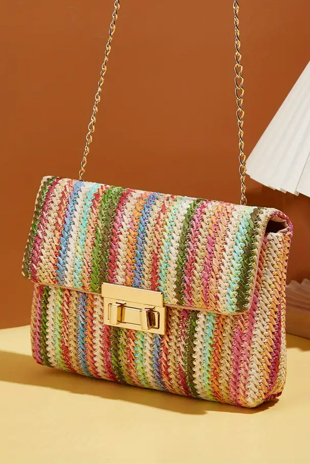 Strawberry Pink Bohemian Woven Gold Chain Shoulder Bag