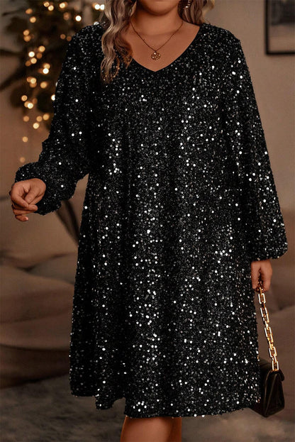 Color black Plus Size Bubble Sleeve V Neck Sequin Dress