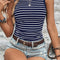 Blue Stripe Contrast Round Neck Sleeveless Slim Top