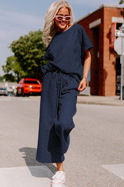 Navy Blue Textured Loose Fit T Shirt and Drawstring Pants Set