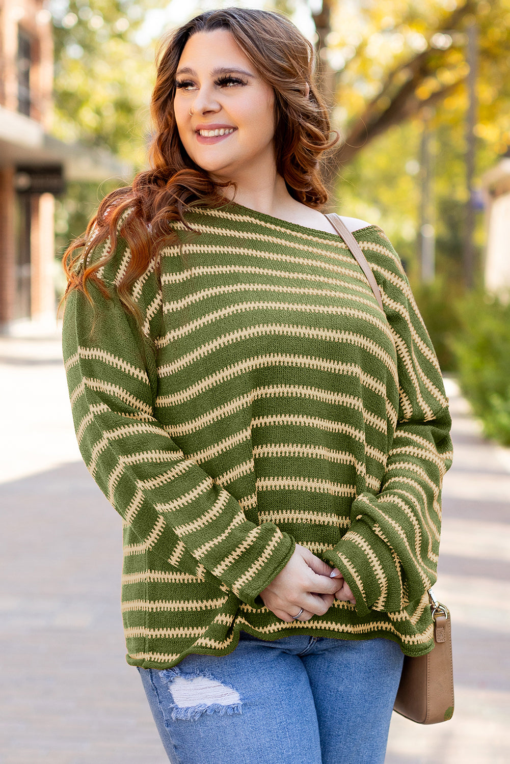 Green Stripe Drop Shoulder Casual Sweater