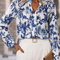 Sky Blue Floral Print Notched Neck Elegant Blouse