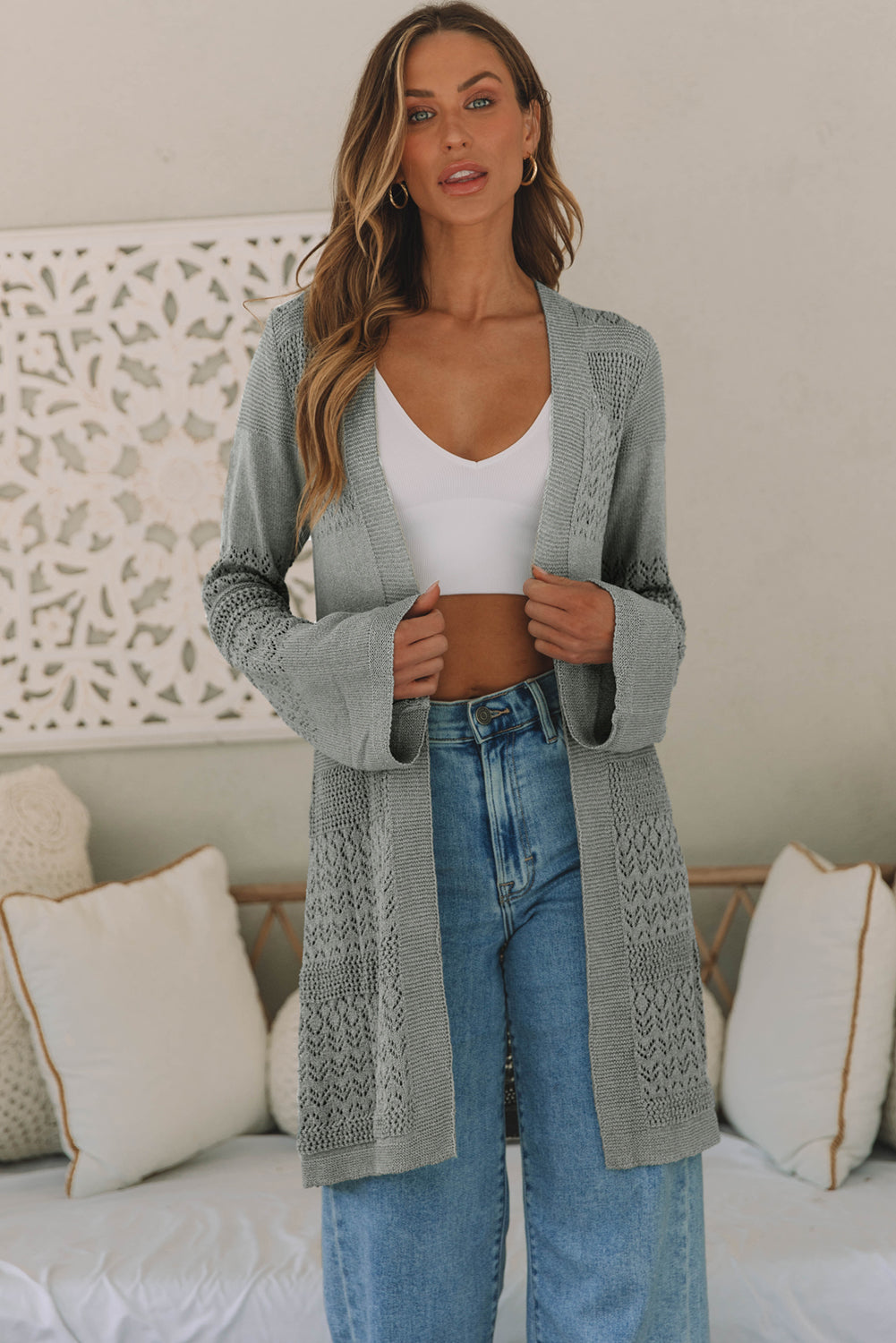 Gray Pointelle Knit Open Front Cardigan