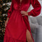 Racing Red Velvet Buttoned Puff Sleeve V Neck Split Midi Dress