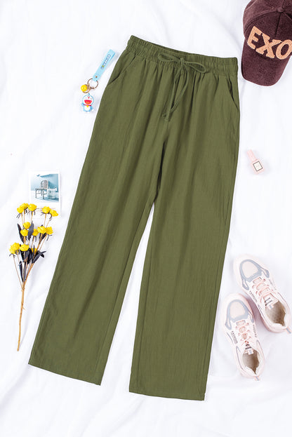 Green Drawstring Elastic Waist Pockets Long Straight Legs Pants