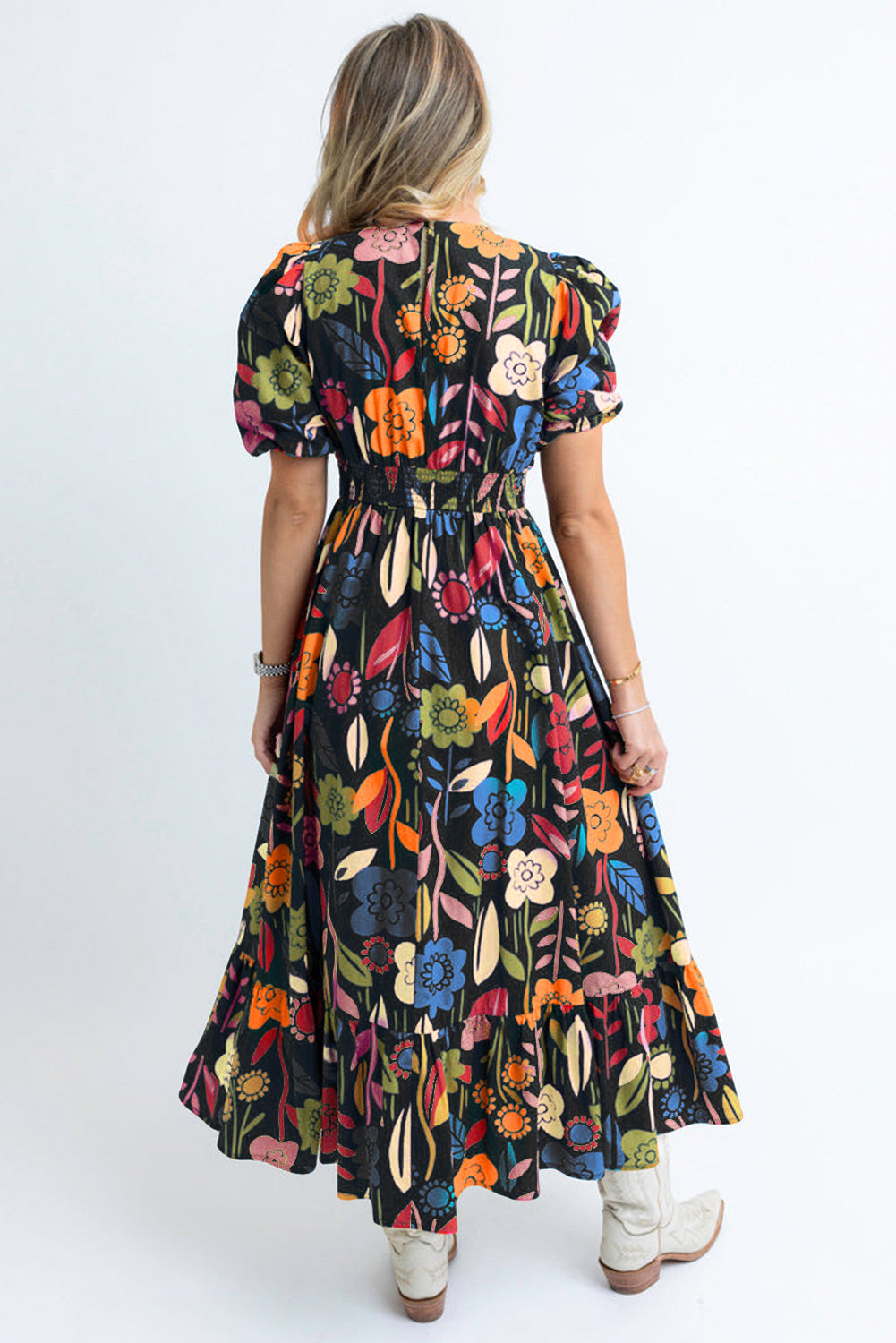 Black Retro Floral Printed Split Neck Maxi Dress