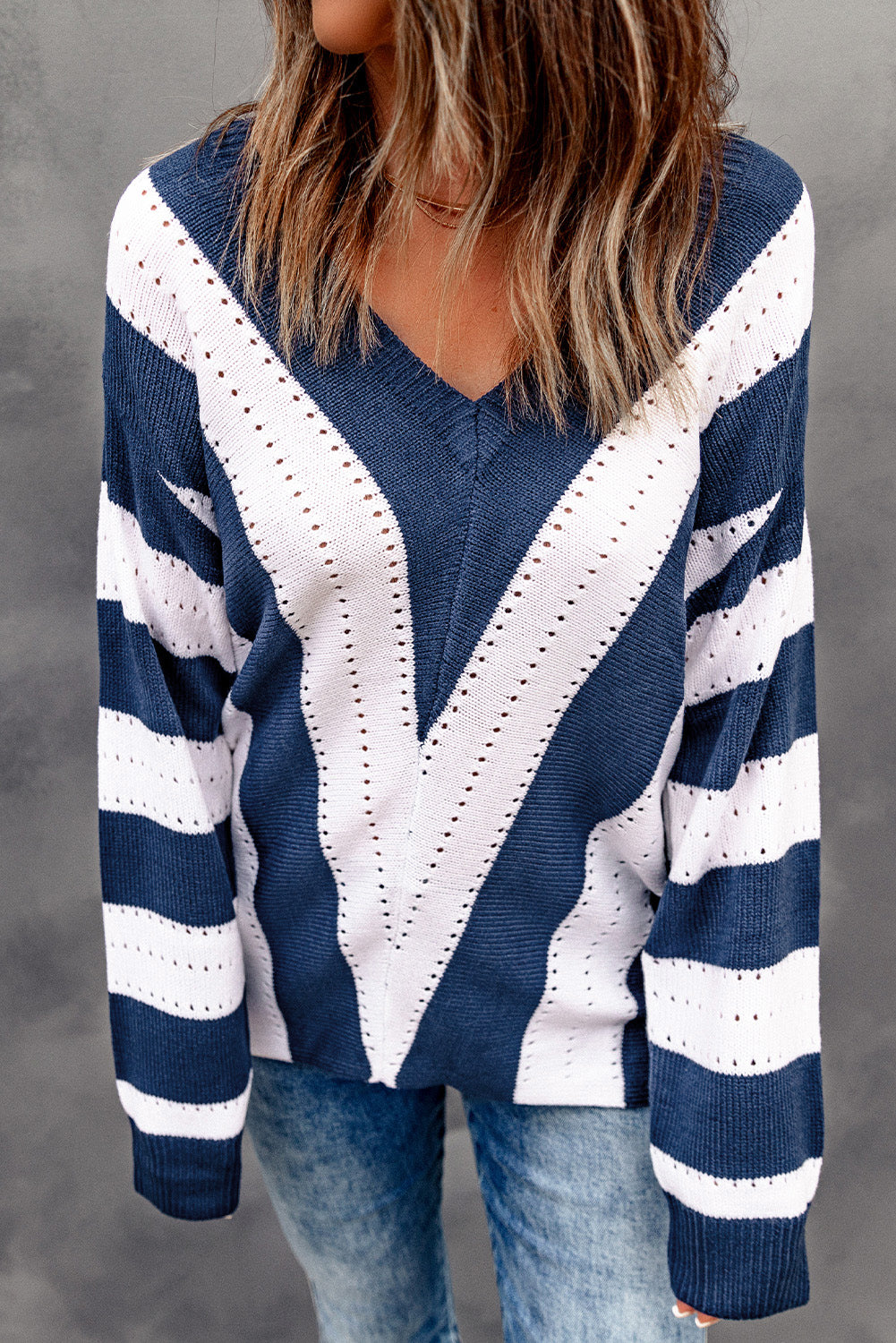 Blue Striped Colorblock V Neck Knitted Sweater