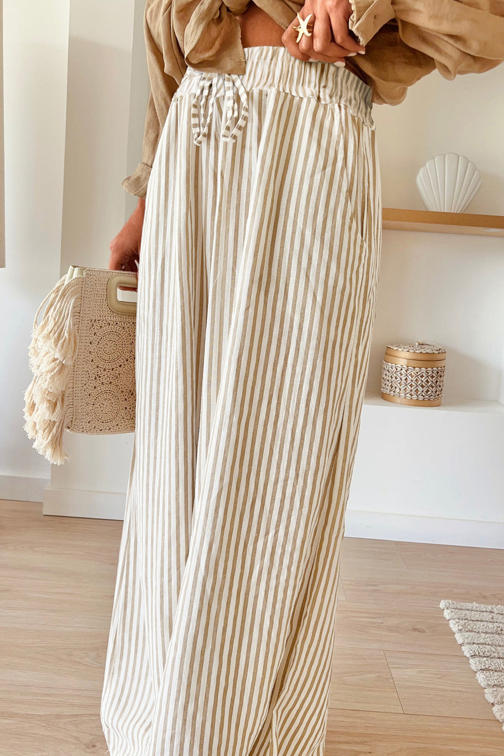 Khaki Stripe Plus Size Drawstring High Waist Wide Leg Pants