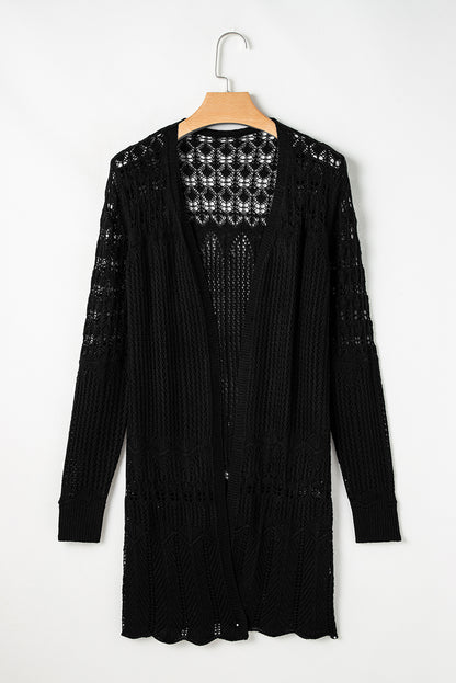 Black Crochet Hollow Out Open Front Cardigan