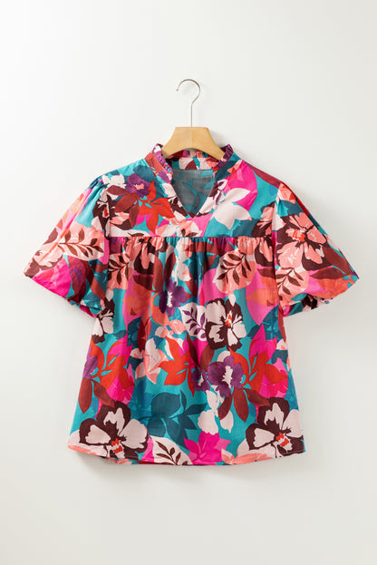 Rose Red Floral Print Puff Sleeve Notched V Neck Blouse