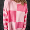 Pink Checkered Colorblock Striped High Low Loose Sweater