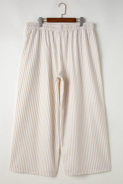 Khaki Stripe Plus Size Drawstring High Waist Wide Leg Pants