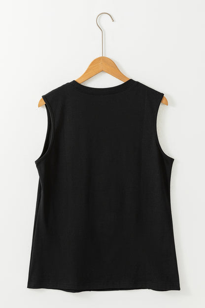 Black Crew Neck Pleated Tank Top