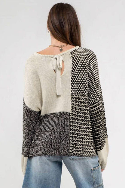 Black Neutral Colorblock Tie Back Sweater