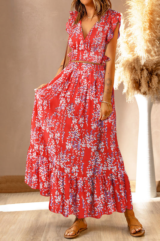 Fiery Red Multicolor Floral Ruffled Crop Top and Maxi Skirt Set