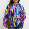 Blue Plus Size Brushstroke Print 3/4 Sleeve Blouse