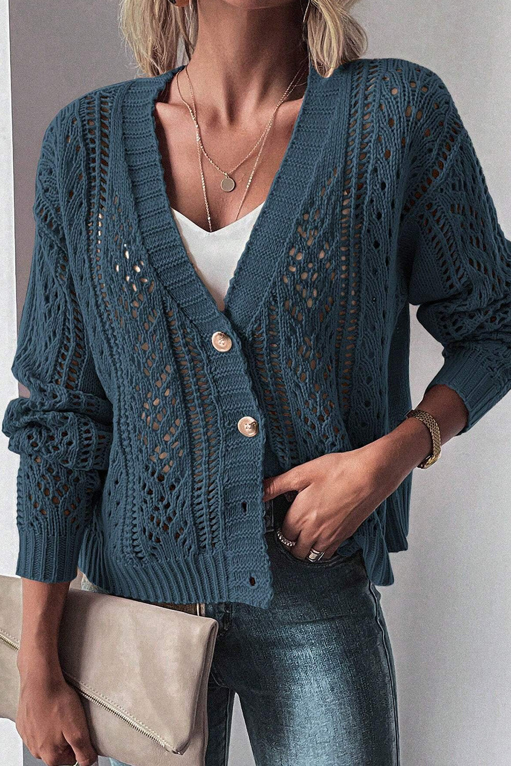 Real Teal Open Knit Drop Shoulder Sweater Cardigan