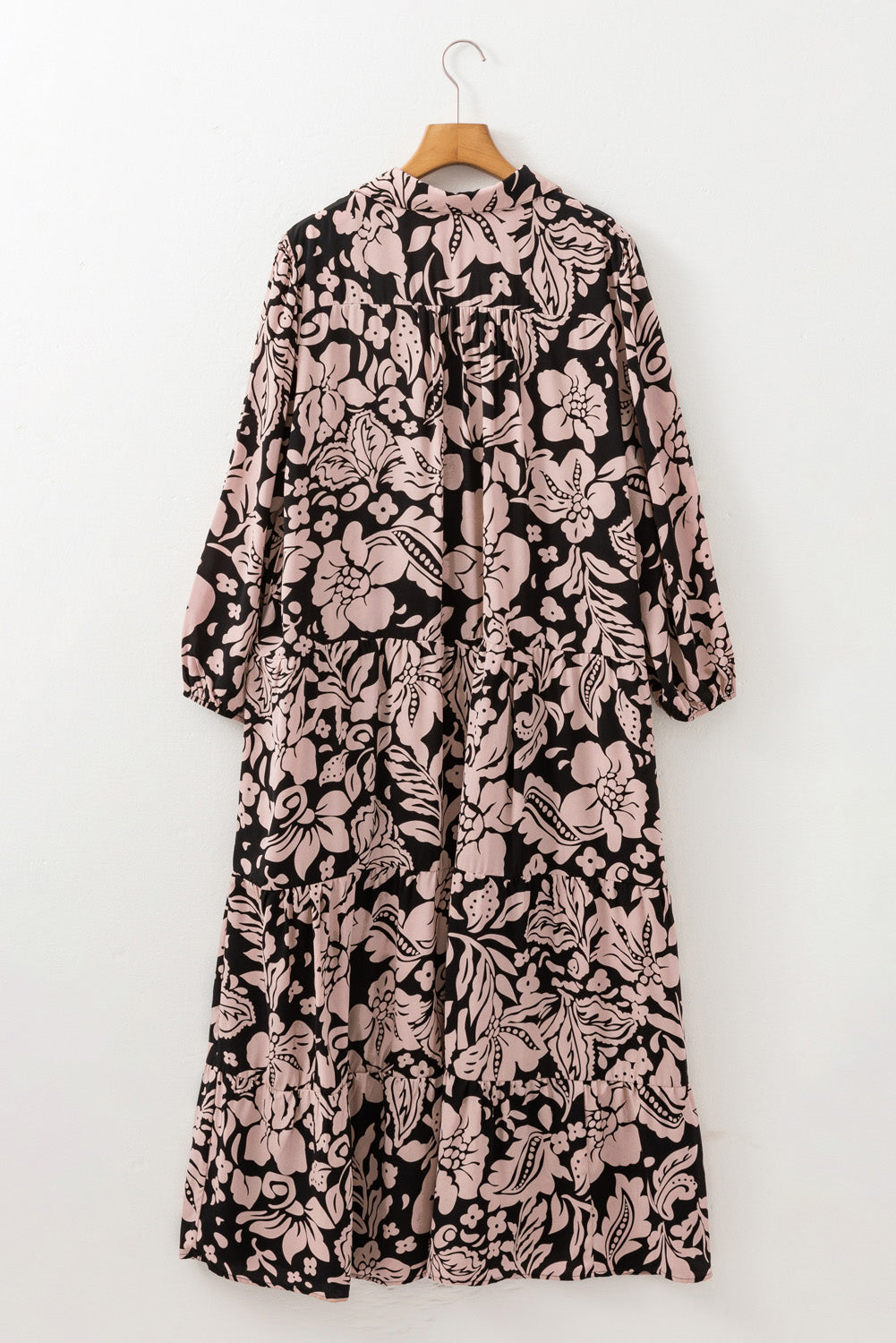 Black Plus Size Floral Printed Puff Sleeve Collared Maxi Dress