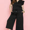 Black Plus Ruffled Sleeve Quarter Zip Top Wide Leg Pants Set