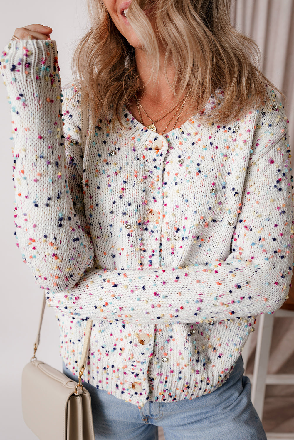 White Rhinestone Decor Multicolor Confetti Sweater Cardigan