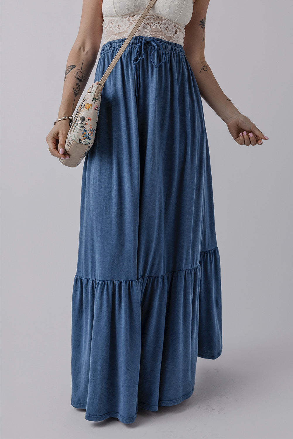 Sail Blue Solid Color Lace up High Waist Tiered Maxi Skirt