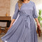 Gray Striped Tie Waist 3/4 Sleeve Plus Size Dress