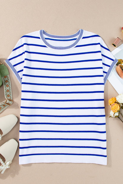 Sky Blue Stripe Knitted Bat Sleeve T Shirt