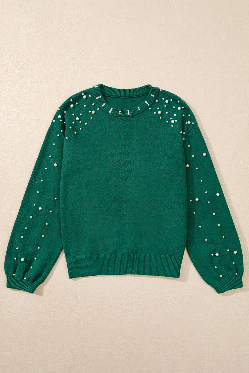 Evergreen Pearled Drop Shoulder Round Neck Sweater